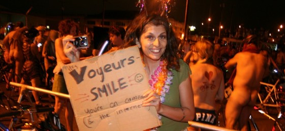 Smile, creeps! by S.mirk from Flickr (photo from the World Naked Bike Ride)